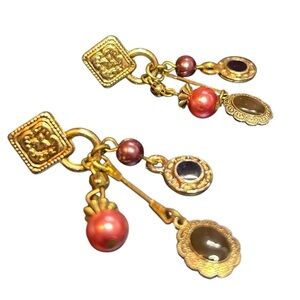 Vintage Gold Tone Multi Charm Dangle Earrings Faux Pearl Cabochon‎ 80s